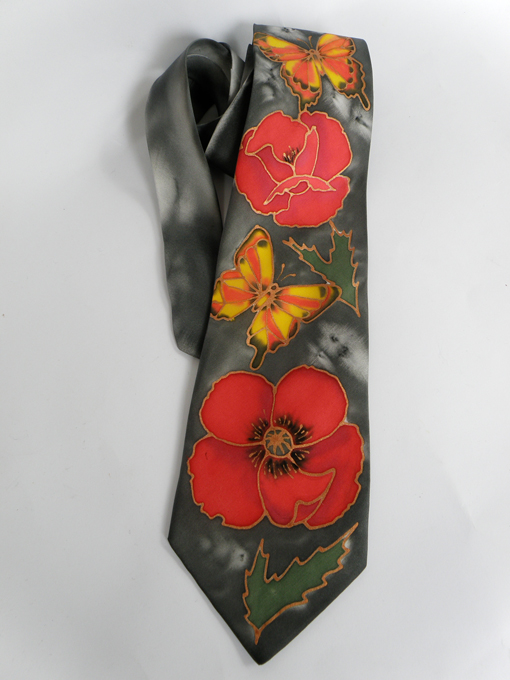 Расписный шелковый галстук Маки с бабочками